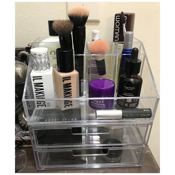 Chloe Stackable Clear Makeup Holder and Double Drawer Cosmetics Organizer Set - Picture 2 of 10